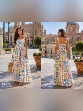 Sicilian  Tile-Print Maxi Dress in Multi